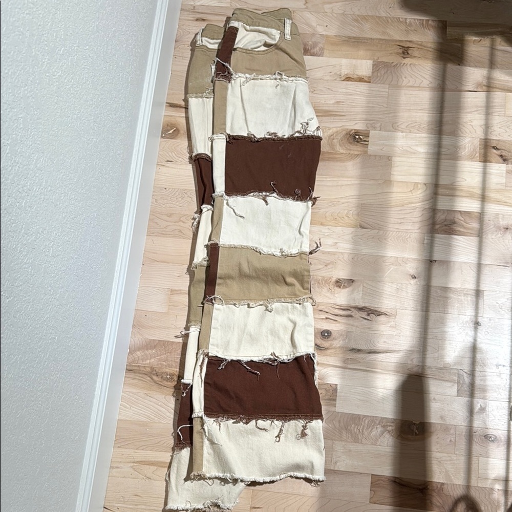 Machine Patchwork Flare Jeans - Brown and Cream